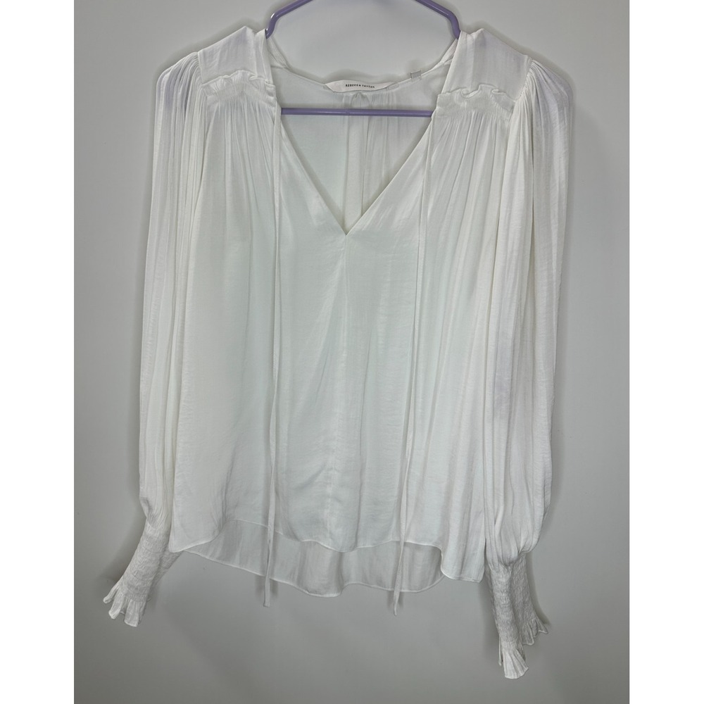Rebecca Taylor Sateen Tie Neck Smocked Ruffle Cuff Blouse XS Off White Luxury - Picture 3 of 16